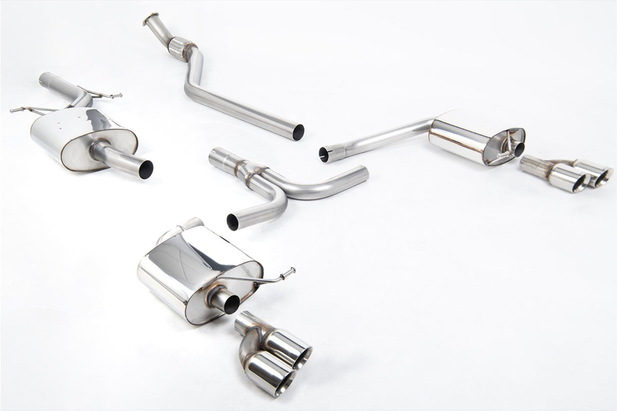 Milltek Audi A4 2.0 TFSI S LINE B8 (2WD AND QUATTRO MANUAL-ONLY) SALOON & AVANT (2008 to 2011) Quad-outlet. Requires S4 3.0T lower spoiler and detailing strip and additional hanger bracket (Part # 8K0253144M) from your local Audi dealer ECE Approved