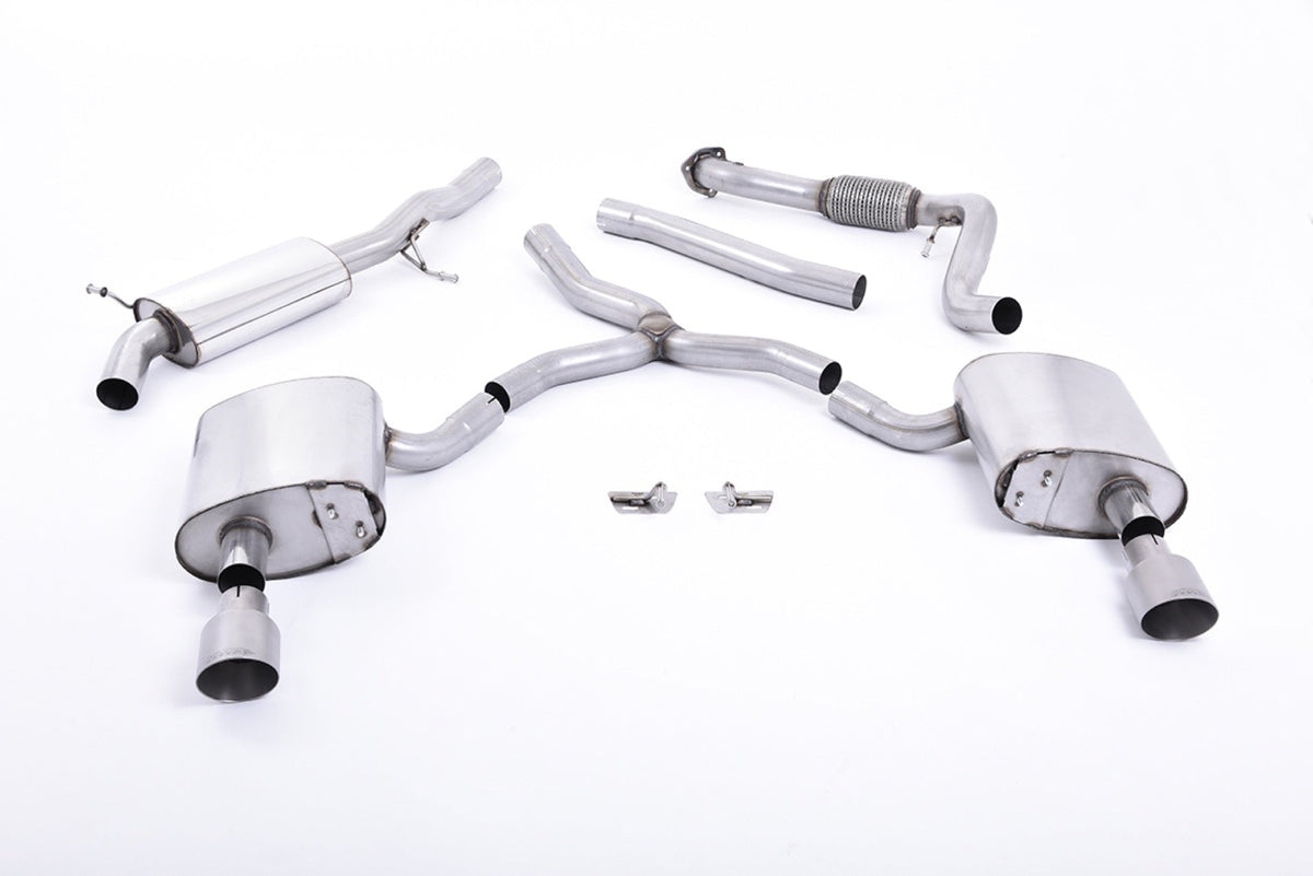 Milltek Audi A4 2.0 TFSI B9 QUATTRO SALOON & AVANT (NON OPF/GPF MODELS INC MILD HYBRID & WITHOUT BRACE BARS) (2016 and later) Road+ Part Resonated with Dual GT-100 Titanium Trims