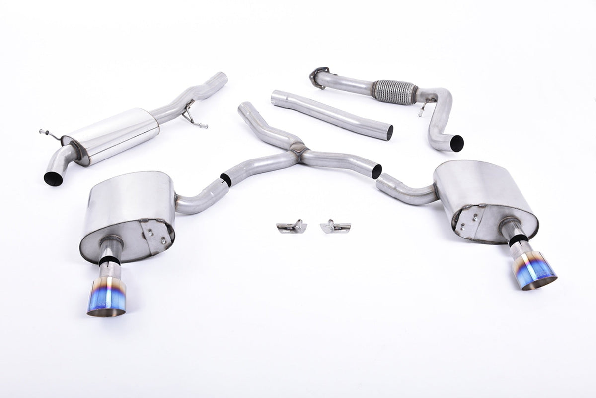 Milltek Audi A4 2.0 TFSI B9 QUATTRO SALOON & AVANT (NON OPF/GPF MODELS INC MILD HYBRID & WITHOUT BRACE BARS) (2016 and later) Road+ Part Resonated with Dual GT-100 Burnt Titanium Trims