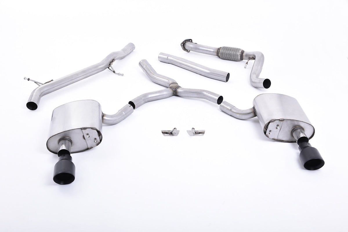 Milltek Audi A4 2.0 TFSI B9 QUATTRO SALOON & AVANT (NON OPF/GPF MODELS INC MILD HYBRID & Cat-back Exhaust WITHOUT BRACE BARS) (2016 and later) Non Resonated (Louder) with Dual GT-100 Cerakote Black Trims