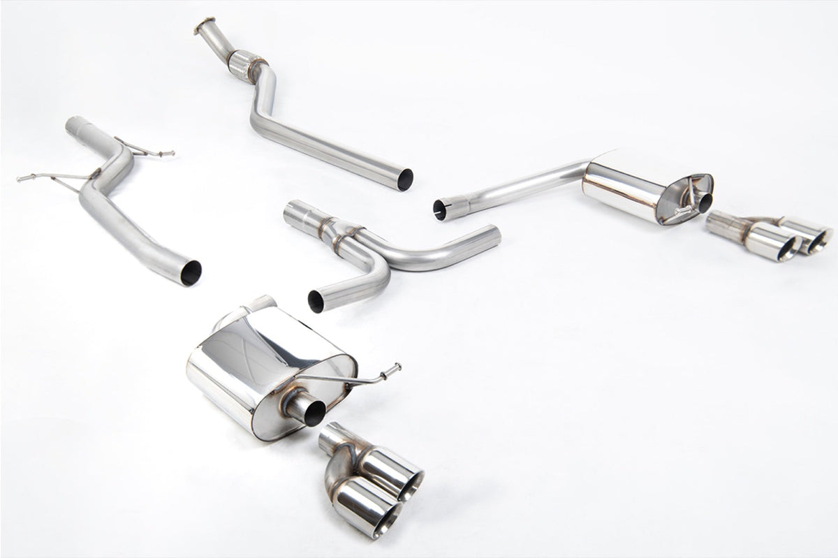 Milltek Audi A4 2.0 TFSI S LINE B8 (2WD AND QUATTRO MANUAL-ONLY) SALOON & AVANT (2008 to 2011) Non-Resonated Quad-outlet. Requires S4 3.0T lower spoiler and detailing strip and additional hanger bracket (Part # 8K0253144M) from your local Audi dealer