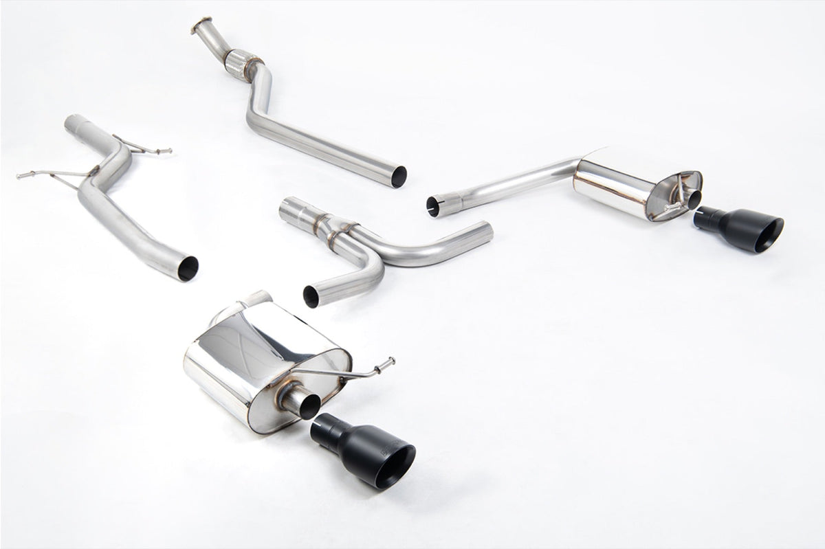 Milltek Audi Non-Resonated Dual-outlet. Cerakote Black Tip. Requires A4 3.2 S line dual outlet valance and additional hanger bracket (Part # 8K0253144M) from your local Audi dealer
